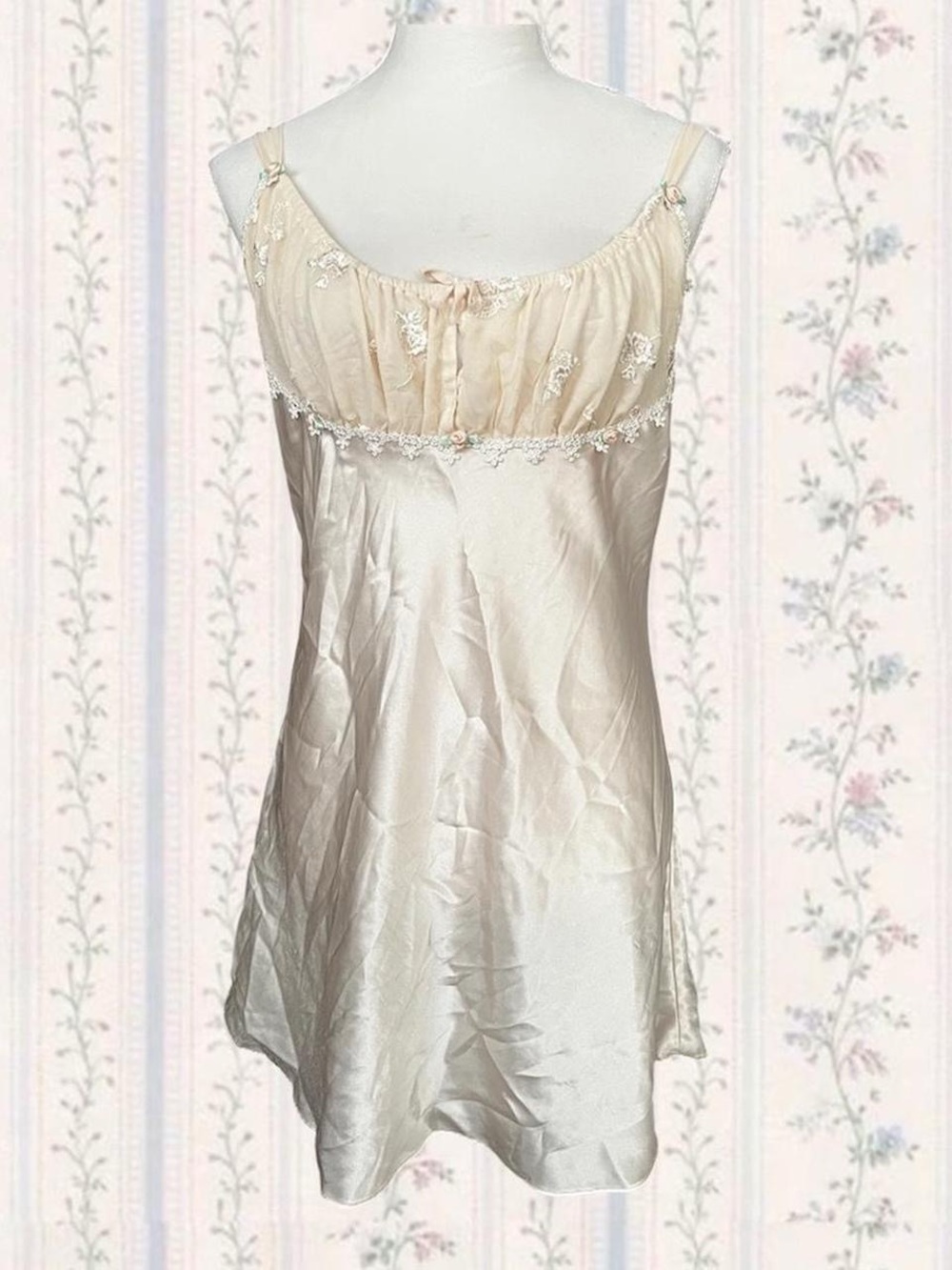 Women's Ivory Satin Lace-Trim Slip Dress